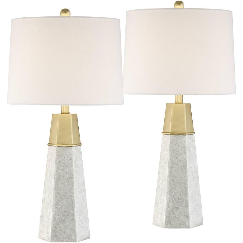 360 Lighting Julie Modern Table Lamps 27 1/2" Tall Set of 2 Faux Marble Gold Tapered Column Fabric Drum Shade for Bedroom Living Room Bedside Office, 1 of 10