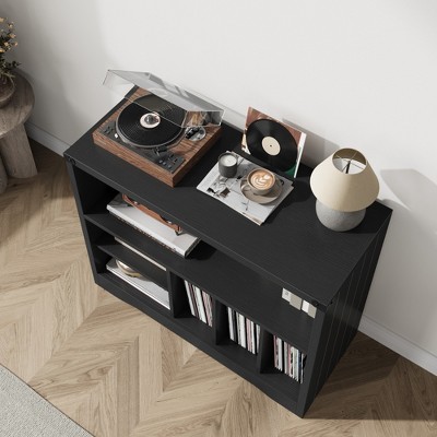 Garvee Record Player Stand Cabinet with 4-Tier Storage, Farmhouse Turntable Stand with 3 Display Open Shelves for Living Room, Bedroom, Black