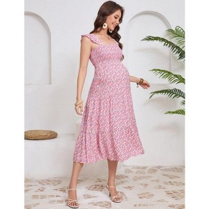 Coolmee Womens Maternity Dress Summer Sleeveless Smocked Square Neck Ruffle Casual Boho Midi Dress Baby Shower Photoshoot - 1 of 4
