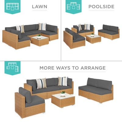 Natural Wicker 7-Piece Outdoor Sectional Set with Gray Cushions