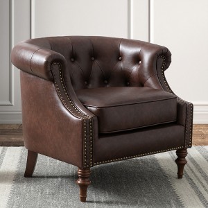 Faux Leather Accent Chair with Sinuous Spring Seat, Button Tufted Back, and Nailhead Trim - 1 of 4