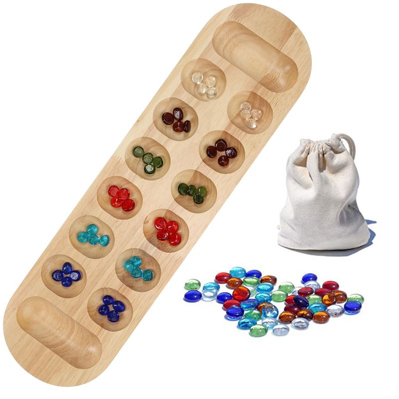 WE Games Mancala Board Game - 22 in., Solid Natural Wood Board and Glass Stones, 1 of 9