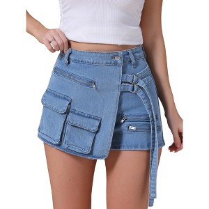 INSPIRE CHIC Women's Denim Zipper Decor Cargo Pockets Y2K High Waisted Faux Wrap Jean Skirts - 1 of 4