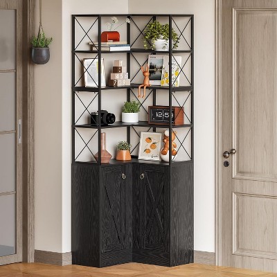 Tribesigns 79"Corner Shelf with Cabinet, 5-Tier Bookshelf with Storage Cabinet, Double Doors and Baffle Design, for Home Office, Black