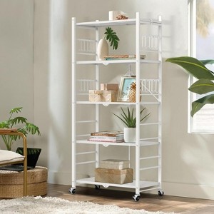 Hooure 5-Tier Folding Shelf - Instant Setup, Heavy-Duty Storage, Includes Hooks & Wheels - 1 of 4