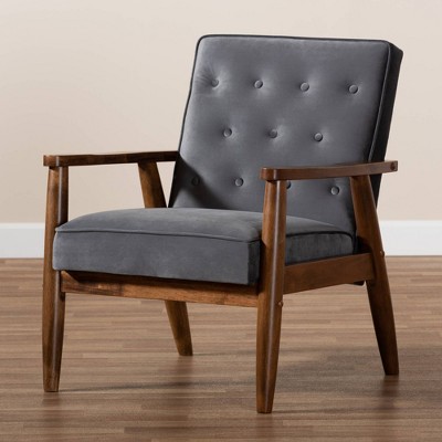 Mid-Century Modern Gray Velvet and Walnut Wood Accent Chair