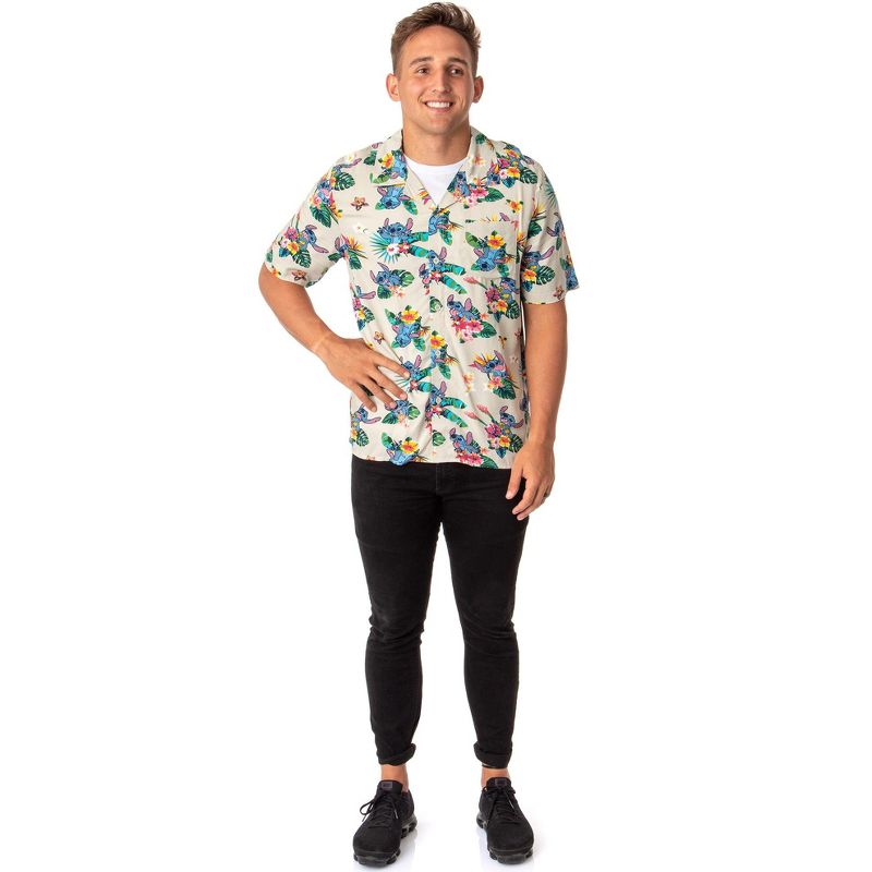 Disney Lilo And Stitch Men's Stitch Tropical Hawaiian Button Up Shirt Adult, 4 of 5