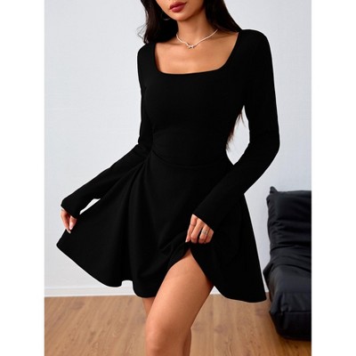 Coolmee Women's Formal Dress Ruched Square Neck Long Sleeve Dress Flowy Short Guest Party Club Mini Dresses