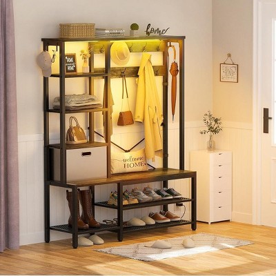 Aheaplus Hall Tree with Fabric Storage Basket, Coat Rack Shoe Bench with side Hook, 6 In 1 Coat Rack with LED light
