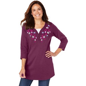 Woman Within Plus Size 7-Day Layered-Look Embroidered Henley Tunic - 1 of 4