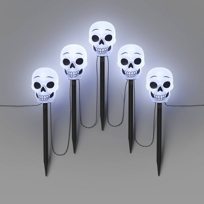 5ct 14.5" LED Halloween Pathway Lights with Timer Cool White Skull - Hyde and EEK! Boutique™: Outdoor Skeleton Decor, Battery Operated