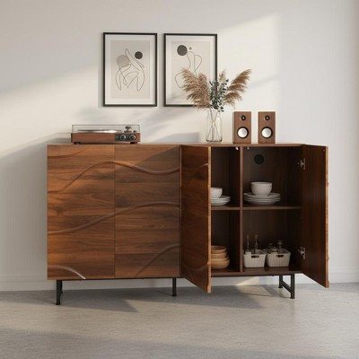 YOOCOZZ Modern Art Solid Wood Sideboard, Wave Relief Design, Walnut Texture Iron Legs