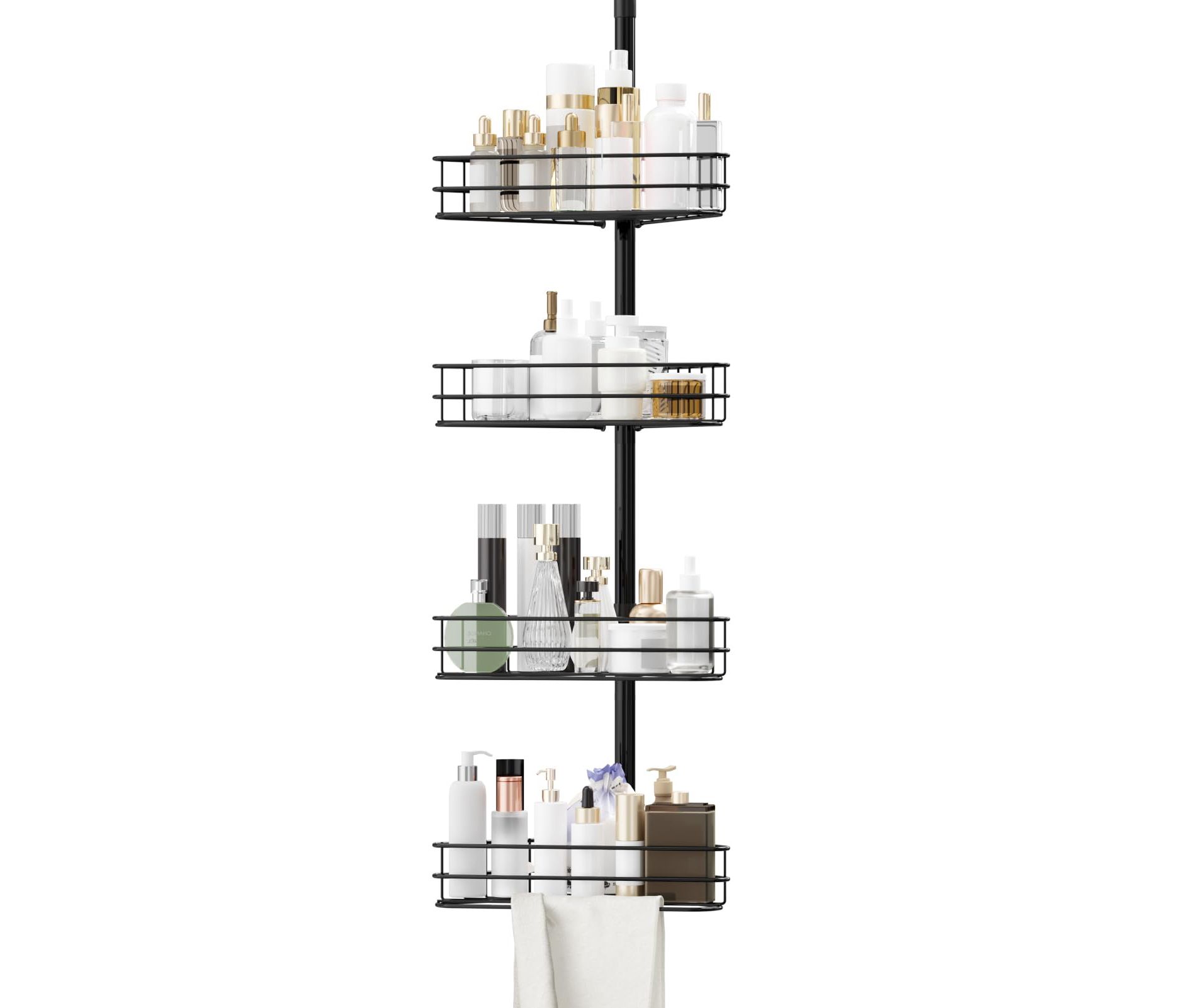Tension Pole Shower Caddy, Corner Shower Caddies with 4 Basket Shelves and Built-In Towel Bars