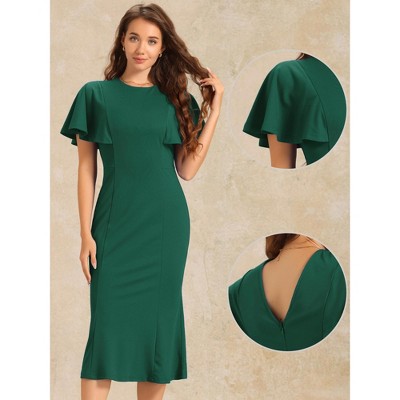 Женские платья INSPIRE CHIC Women's Ruffle Sleeve Round Neck Cocktail Party Work Sheath Dress Dark Green X-Small — фото 2