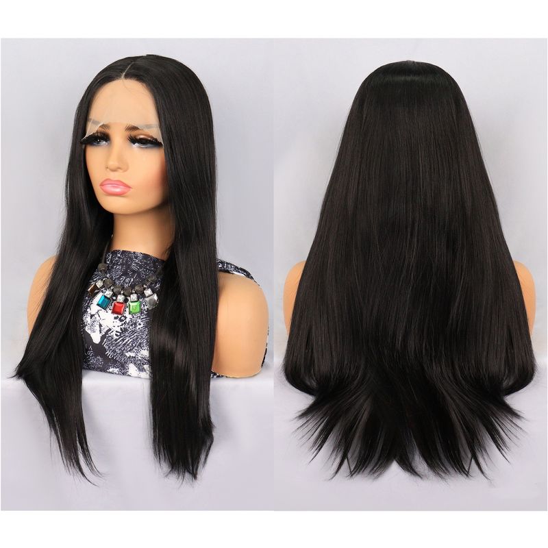 Unique Bargains Lace Front Wigs, Heat Resistant Long Straight Hair for Girl Daily Use Synthetic Fibre (Black, 26"), 3 of 5