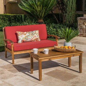 GDFStudio Keanu Outdoor Acacia Wood Loveseat and Coffee Table Set with Cushions - 1 of 4
