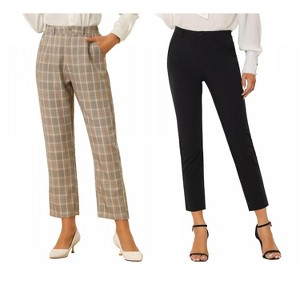 Allegra K Women's Plaid High Waist Elastic Back Office Work Ankle Pants 2 Packs - 1 of 4