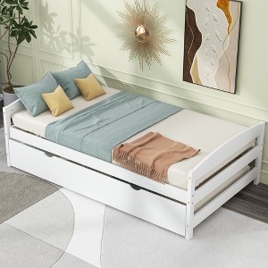 SeaCamel White Twin Size Wood Platform Bed with Guardrail & 2 Storage Drawers - No Box Spring Needed, Sturdy Slat Support for Bedroom, Kids Room - 1 of 4