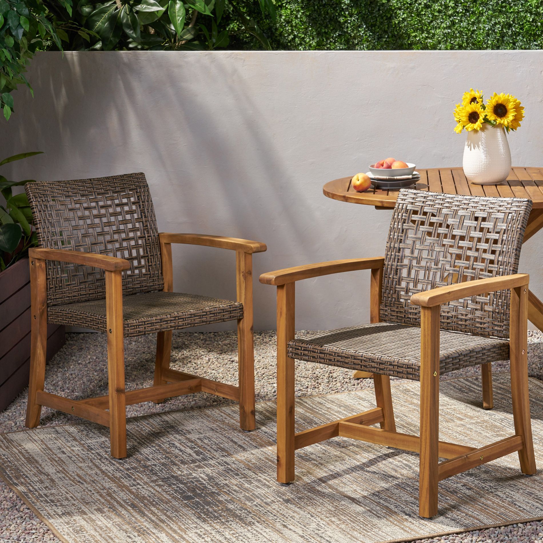 KTMBDW Outdoor Wood Dining Chairs Set of 2, Armchairs with Strong Wicker Back & Seat, Farmhouse Style Teak Patio Deck Yard Balcony Mix Mocha