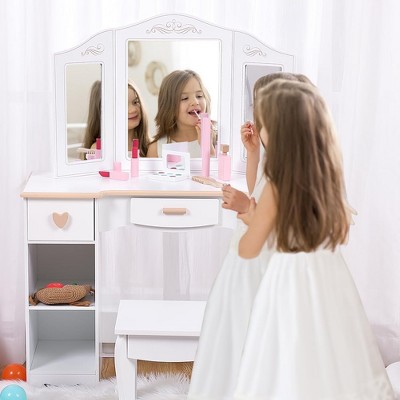 Kids Pretend Play Vanity Set with Tri-Fold Mirror, Stool & Storage - Toddler Makeup Desk for Girls 3+