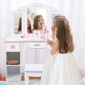 Kids Pretend Play Vanity Set with Tri-Fold Mirror, Stool & Storage - Toddler Makeup Desk for Girls 3+ - 1 of 4