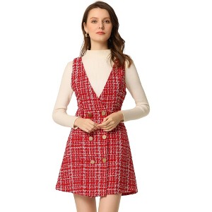 Allegra K Women's Elegant Vintage Button Front V Neck Plaid Tweed Overalls Pinafore Dress - 1 of 4