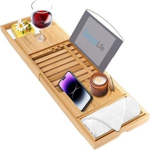 SereneLife Luxury Bamboo Bathtub Caddy Tray - Adjustable Natural Wood Bathtub Organizer with Glass Holder, Soap Dish, & Phone Slot - 1 of 4