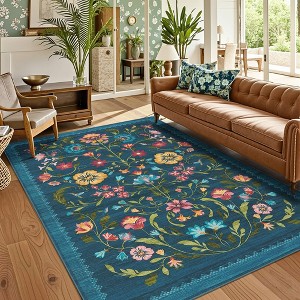 Modern Floral Printed Area Rugs Machine Washable Soft Non Slip Farmhouse Carpet Stain Resistant Low Pile Rug for Kitchen Living Room Laundry Bedroom - 1 of 4