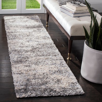 Grey and Cream Synthetic Shag Runner Rug, 2' x 14'