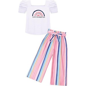Arshiner Girls 2 Pieces Outfits Kids Square Neck Puff Sleeve Tops and Pants Set with Pockets 6-14 Years - 1 of 3