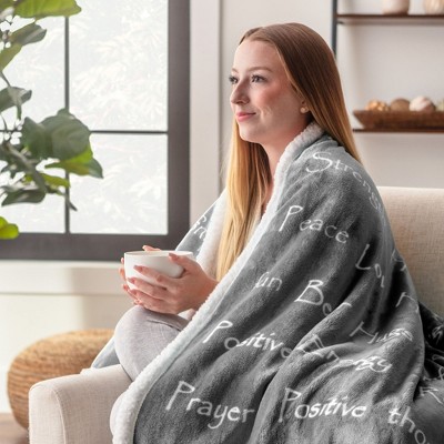 Gray Faux Fur and Sherpa Throw Blanket with Inspirational Words