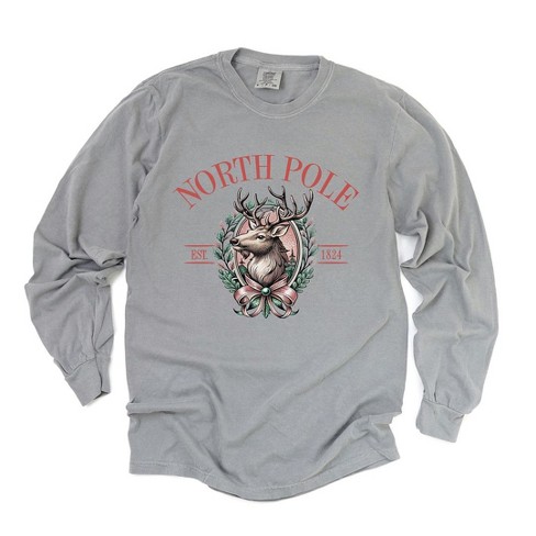 Simply Sage Market Women's North Pole Reindeer Oval Wreath Long Sleeve Garment Dyed Tee - image 1 of 3