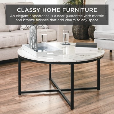 Round 36in Black Metal and Marble Coffee Table
