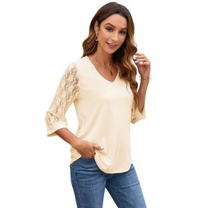 Coolmee 3/4 Length Sleeve Womens Tops V-Neck Lace Tunic Tops Business Casual Blouses - 1 of 4