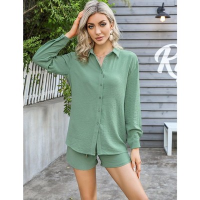 Women's  2 Piece sets  Button Down Shirt Long Sleeve Short Drawstring  Outfits