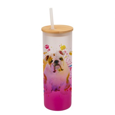 100 North 25 Ounce Frosted Glass Gradient Travel Tumbler With Straw & Wooden Lid, English Bulldog Paint Splatter Pink