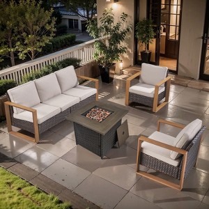 Buenhomino Patio Rattan Furniture Set 4-Piece Outdoor PE Wicker Conversation Set with 50,000BTU Fire Pit Table - 1 of 4