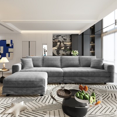 MYINDA 102.4 " Plush Corduroy Sofa,Modern Upholstered Cloud Couch,Convertible Deep Seat Sofa with Ottoman for Living Room