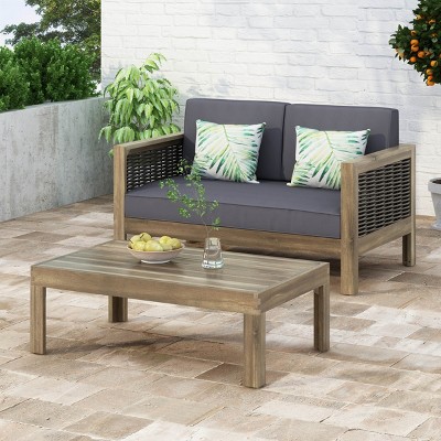 Coolbibila-Loveseat And Coffee Table Set With Cushions, Outdoor Acacia Wood Lounge Chair And Wicker Coffee Table