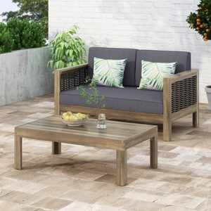 Coolbibila-Loveseat And Coffee Table Set With Cushions, Outdoor Acacia Wood Lounge Chair And Wicker Coffee Table - 1 of 4