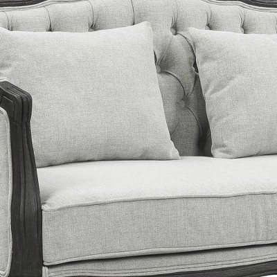 64" Gray Linen Camel-Back Sofa with Dark Brown Carved Wood Frame