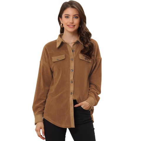 Allegra K Women's Microfleece Turnover Collar Button Down Lightweight Shirt Jacket Brown Medium