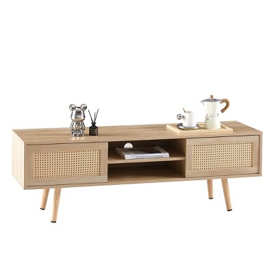 GlasFlength TV Stands and Consoles Rattan Woven Media Console with Sliding Doors and Adjustable Shelf for Living Room, Beige, 55.12"*15.75"*18.31"