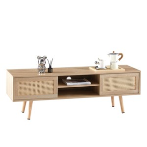 GlasFlength TV Stands and Consoles Rattan Woven Media Console with Sliding Doors and Adjustable Shelf for Living Room, Beige, 55.12"*15.75"*18.31" - 1 of 4
