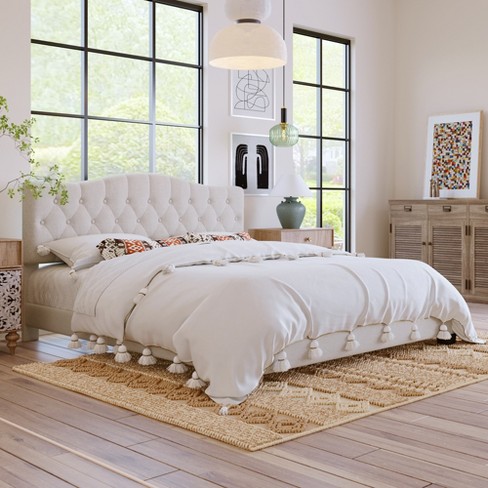 King Upholstered Linen Platform Bed Frame with Curved Tufted Headboard  Beige-ModernLuxe