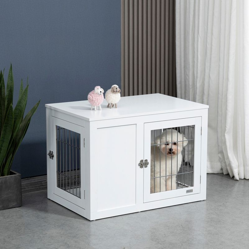 PawHut Wooden Dog Crate Furniture Wire Indoor Pet Kennel Cage, End Table with Double Doors, Locks for Small and Medium Dog House, 2 of 7