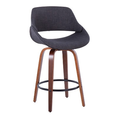 Charcoal Upholstered Walnut Wood Swivel Counter Stools with Black Metal Footrest, Set of 2