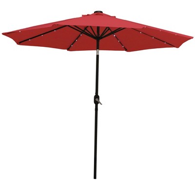 Sunnydaze Outdoor Patio Umbrella with Polyester Canopy, Solar LED Lights, and Push Button Tilt and Crank - 9' - Red