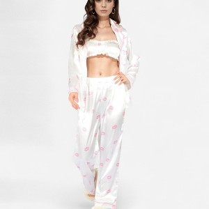 Anna-Kaci Lounge Women's Satin Three-Piece Pajama Set with Kiss Print Shirt Bandeau Top and Full-Length Lounge Pants - 1 of 4