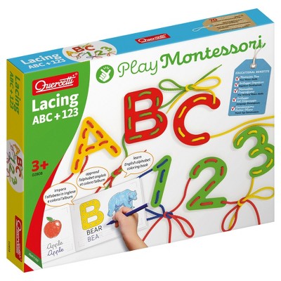 Quercetti Play Montessori ABC & 123 Lacing Set - 53pc Letters, Numbers, Kids 3+